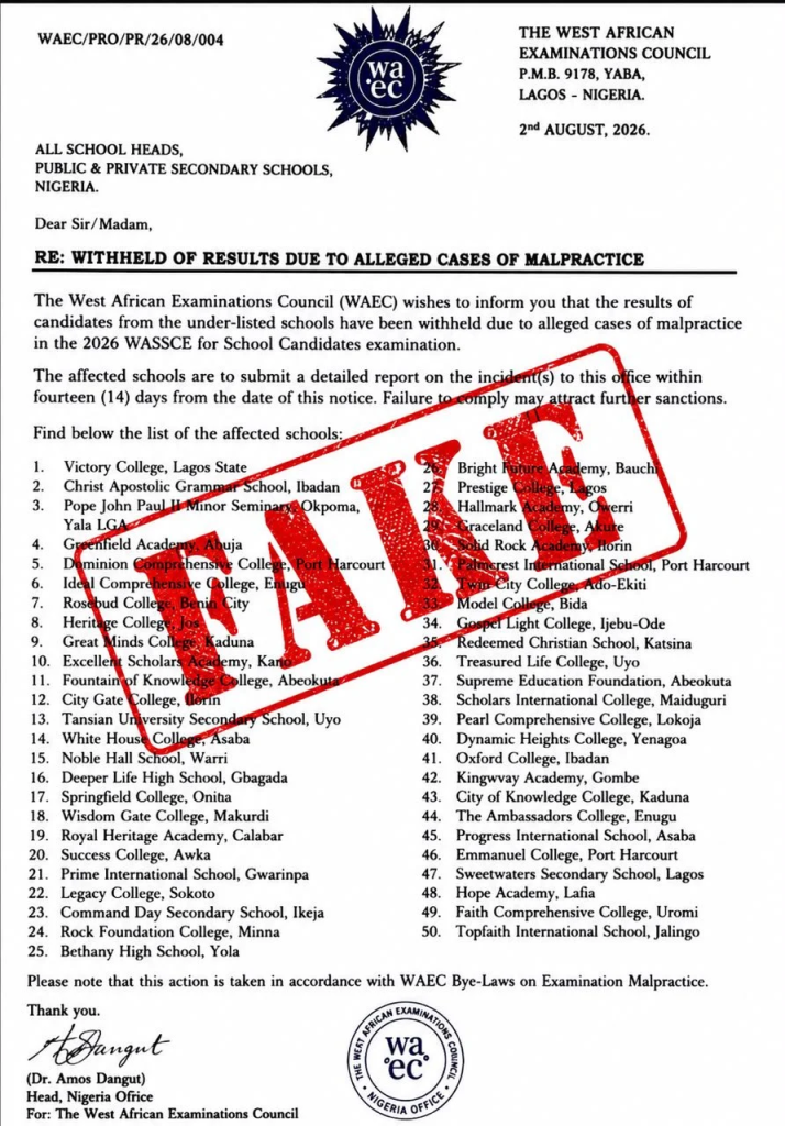WAEC Debunks Fake List of Schools with Withheld Results